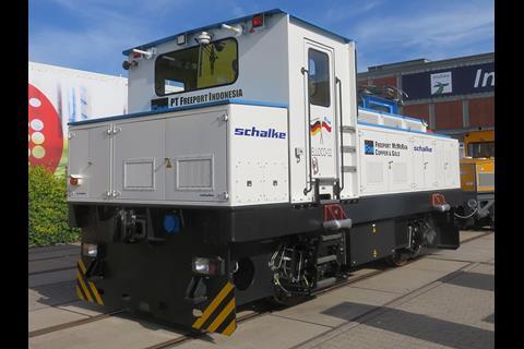 Schalke MMT-M-270-BDE overhead electric/battery locomotive for Freeport-McMoRan's Grasberg mine.